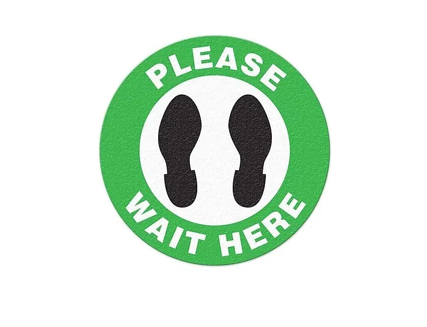 FS1046V – TOP TAPE Social Distancing Sign, Floor Mount Adhesive Vinyl 17 Inch Diameter Green And Black With White Bac...